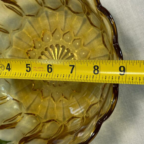 Vintage Amber Glass Serving Bowl – Scalloped Edge with Floral Panel Design - Picture 9 of 11